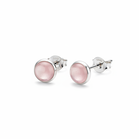 Silver stud earrings with pink rose quartz stone