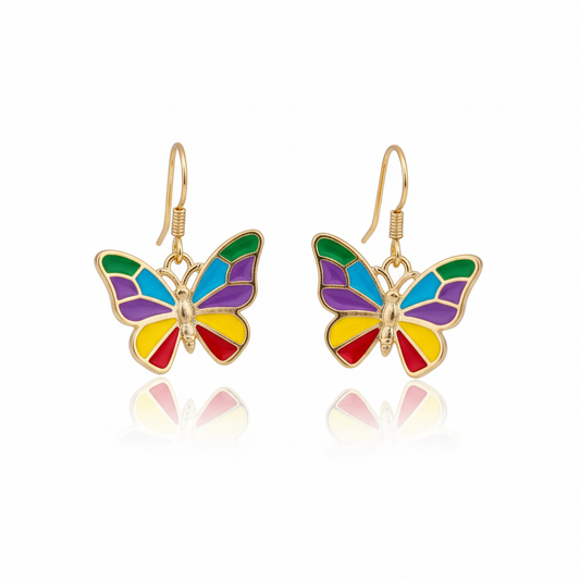 Gold butterfly earrings with colorful enamel
